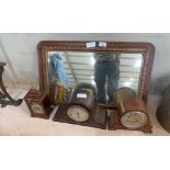 Wooden framed over mantle mirror & 3 wooden mantle