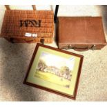 Wicker Fortnum & Mason basket, leather suitcase