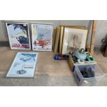 3 framed car prints/posters, chrome lighting, 2 ot