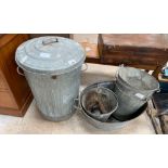 Galvanised rubbish bin, bath & buckets