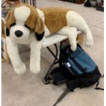 Large cuddly toy dog, macpac rucksack, umbrella &