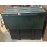 Large green metal trunk & large wooden trunk.