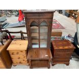 Pine coffee table, ornate oak display cabinet