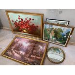 Circular gilt mirror & other framed pictures. View