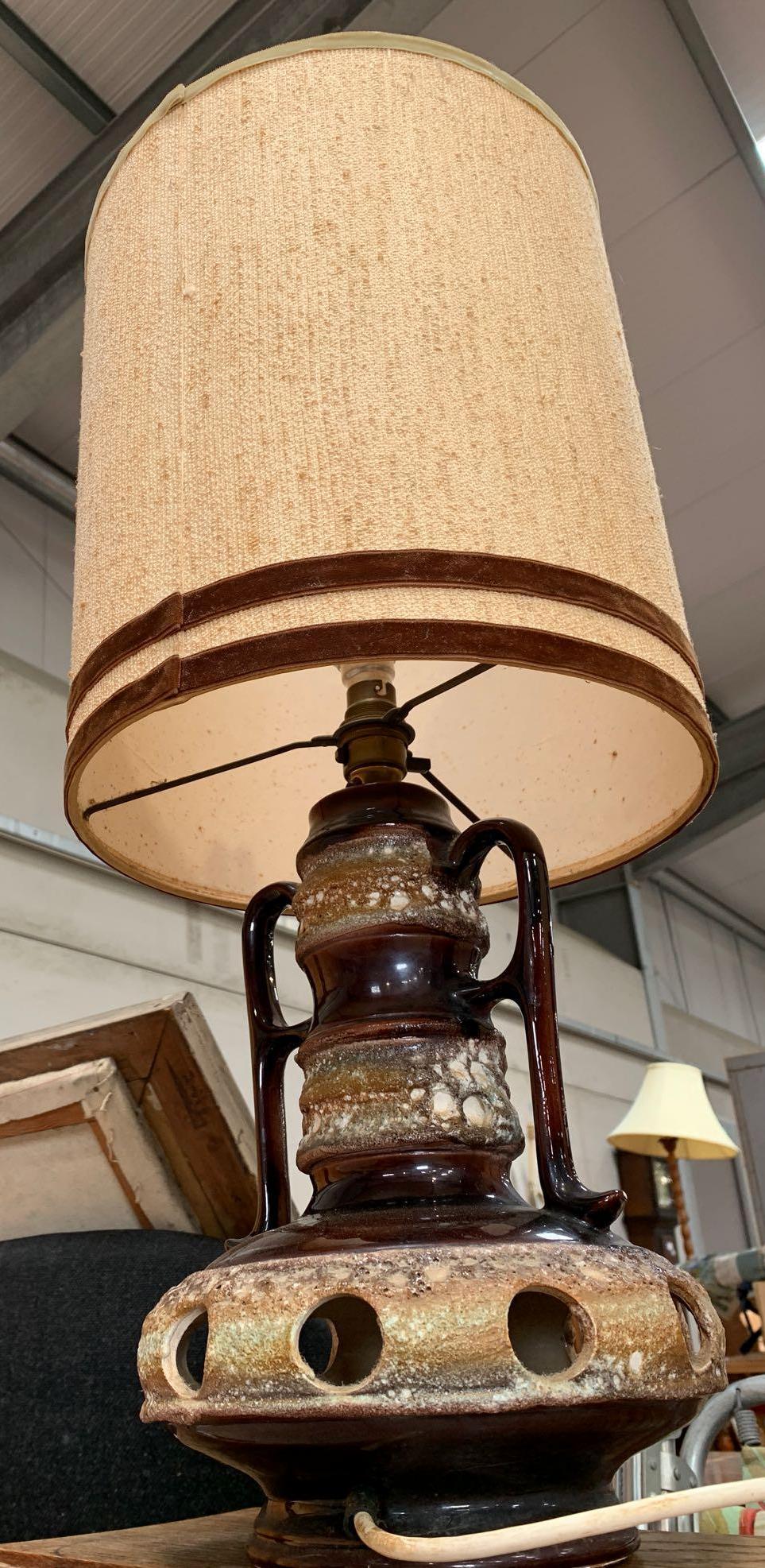 Brown pottery lamp with original shade and a converted - Image 2 of 4