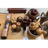 Collection of turned wood fruit bowls and ornaments