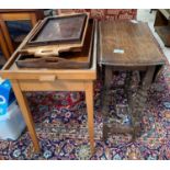 Small oak drop leaf table, 1 other table & a colle