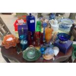 Collection of coloured glass to include vases, sce