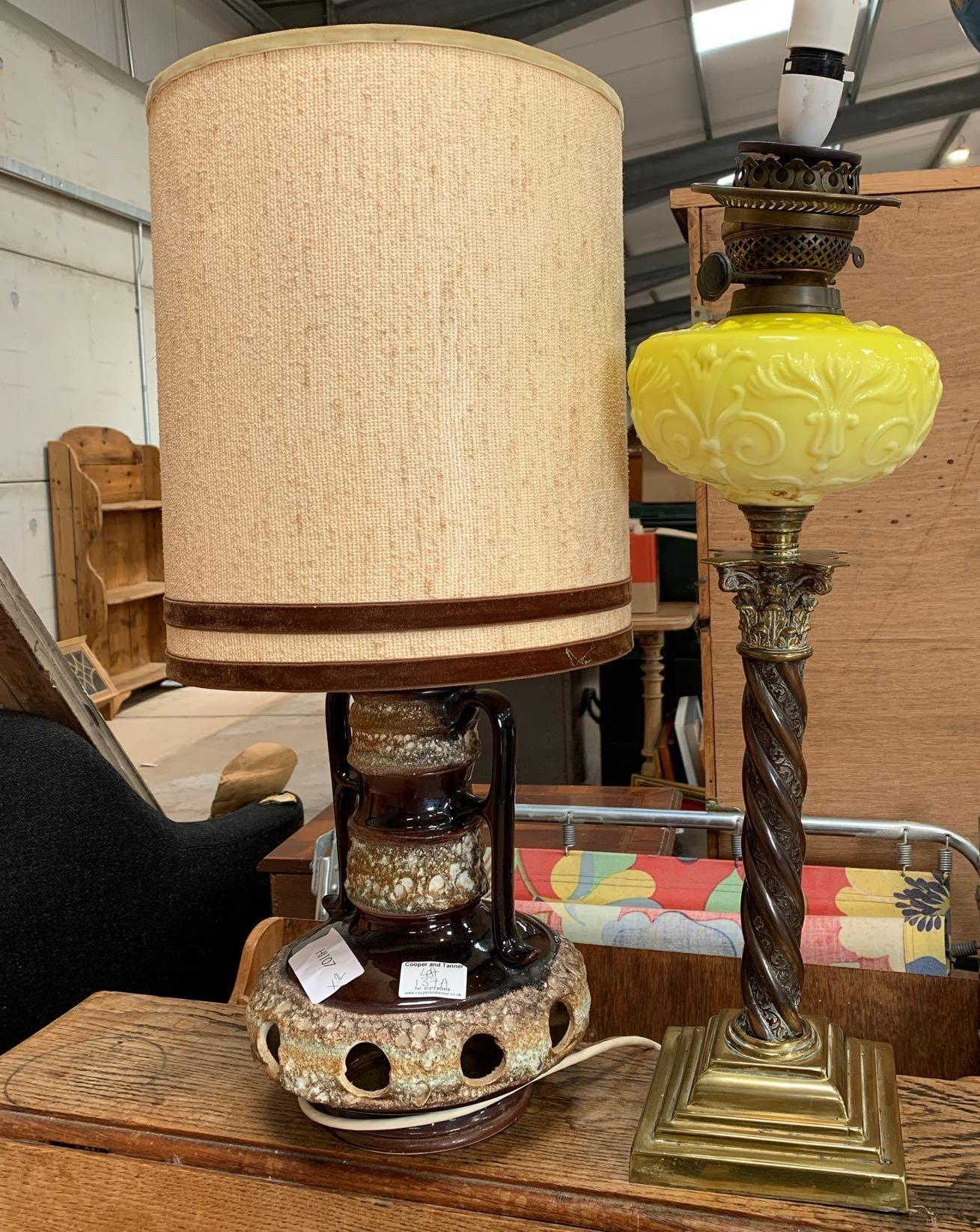 Brown pottery lamp with original shade and a converted