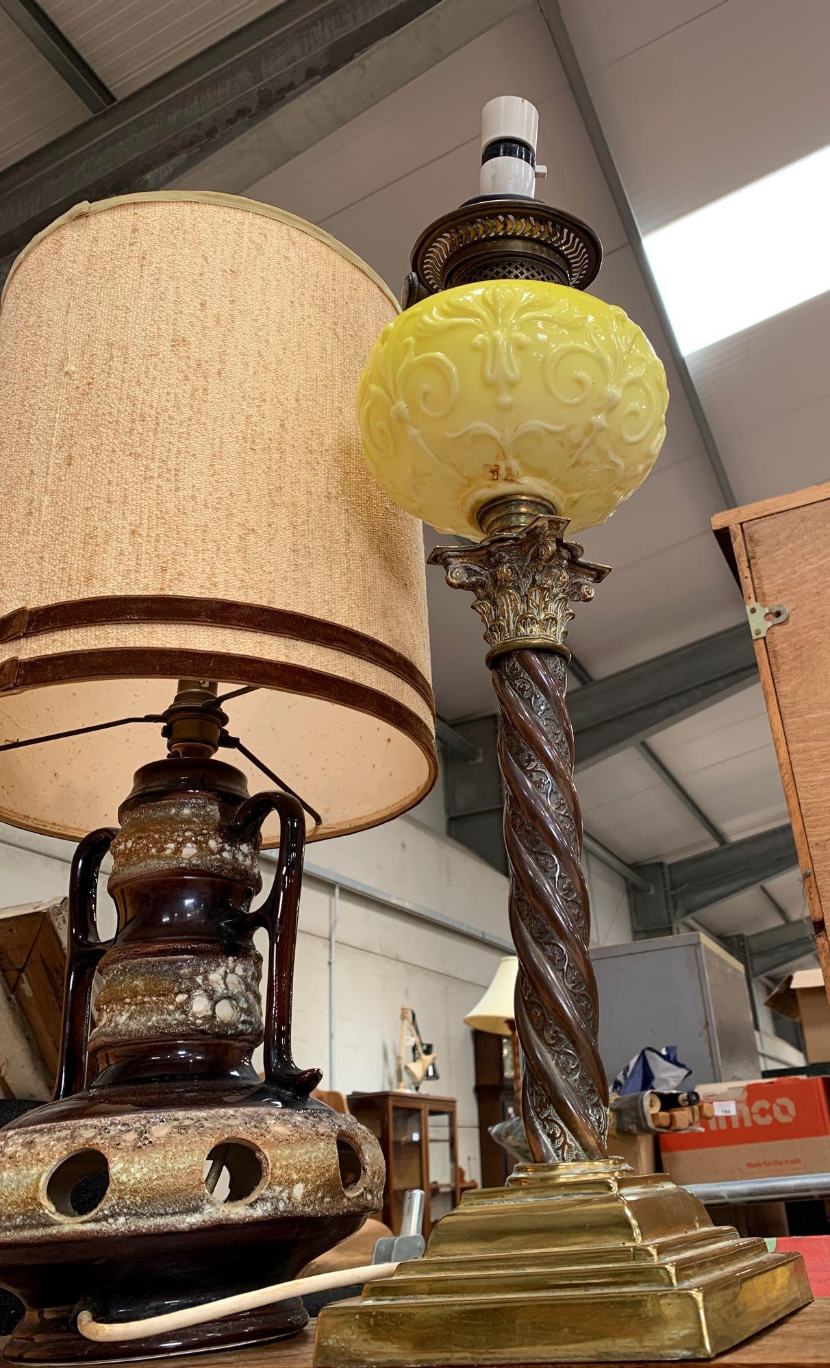 Brown pottery lamp with original shade and a converted - Image 4 of 4