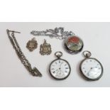 Two silver open faced pocket watches; a watch chai