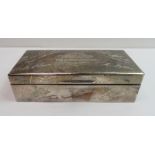 A silver cigarette box, wooden lined, inscribed an