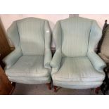 Pair of modern wingback armchairs in green upholst