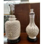 Chinese white ceramic table lamp on hardwood base,