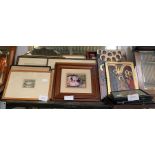 Part shelf of framed pictures including copies of