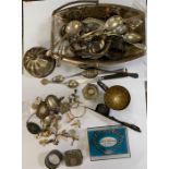 Shelf of mainly plated items, candle snuffer, spoo