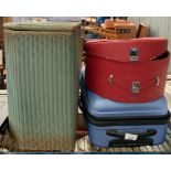 Lloyd loom linen basket & 2 suitcases