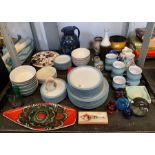 Quantity of light blue Denby teacups, saucers, bow