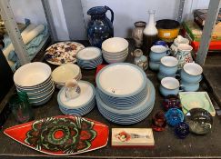 Quantity of light blue Denby teacups, saucers, bow