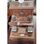 2 wooden desk ink stands & a carved Oriental lette