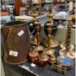 Large copper jug, brass candlesticks & other brass