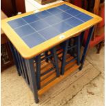 Blue tiled top kitchen unit with 2 stools