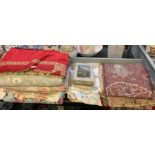 Quantity of floral eiderdowns, tablecloths & fur c