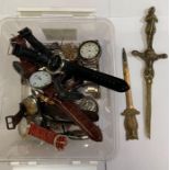 Plastic carton of old gents wristwatches & brass l