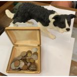 China/resin collie dog & a boxed of mixed coins