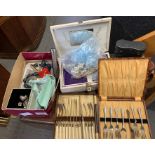 Shelf of mainly costume jewellery, cased pair of o