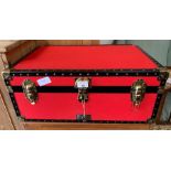 Red canvas & leatherette modern storage trunk