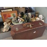 Leather suitcase, spode model of an owl, various c