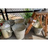 4 galvanized buckets, a galvanized watering can &