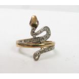 A 9 carat gold serpent ring, set with diamonds to