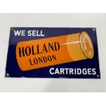 A navy blue rectangular enamel sign with orange ca