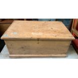 A 20th century pine trunk, single hinged lid, iron