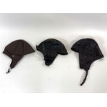 Three vintage leather car/flying helmets