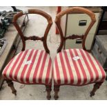 Pair of stained oak dining chairs with striped uph