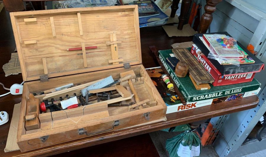 Pine chest with children's tools in together with