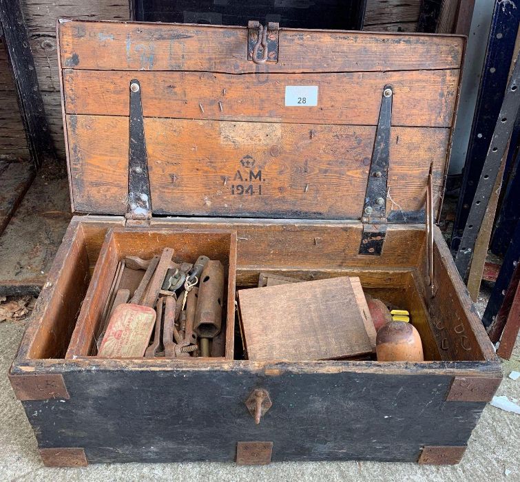 Vintage painted pine toolbox including contents to