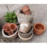 Various pots to include reconstituted stone, glaze