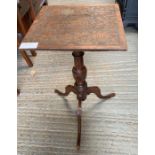 Small square carved occasional table on tripod bas
