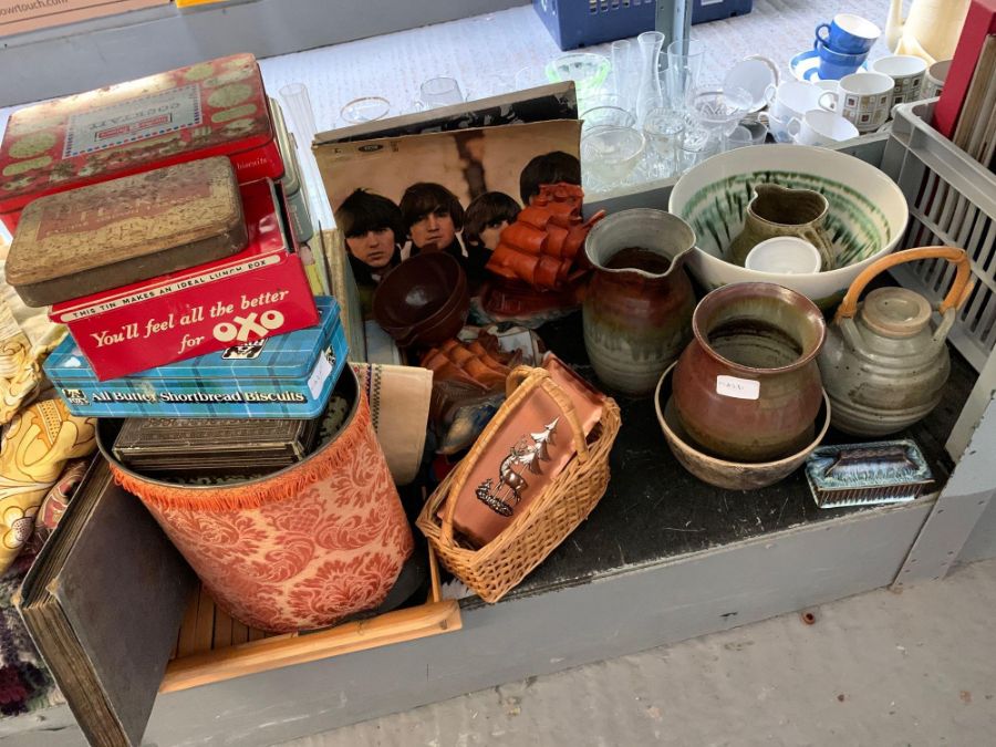 Shelf of china, old tins, flags & album of cigaret - Image 5 of 11