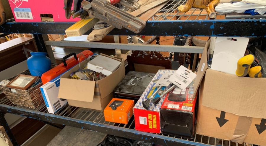 Shelf of various items to include tools, small qua