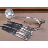 Large silver plated ladle together with 5 knives w