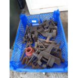 Crate of bench clamps, vices etc