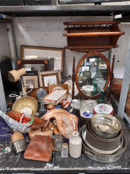 Shelf of collectables, mirror, clocks, pictures et