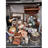 Shelf of collectables, mirror, clocks, pictures et