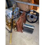 Vintage Sony radio, set of fire irons, a decorativ