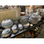 Various blue & white tureens on stands together